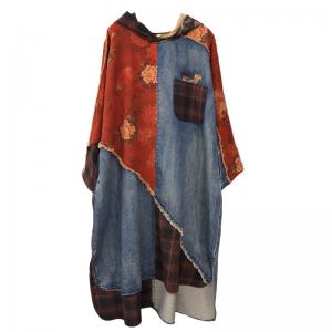 Gingham Patchwork Hooded Dress Fringed Printed Jean Dress