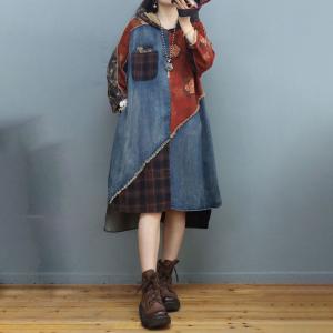 Gingham Patchwork Hooded Dress Fringed Printed Jean Dress