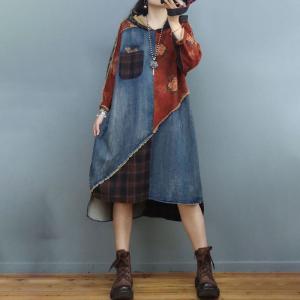 Gingham Patchwork Hooded Dress Fringed Printed Jean Dress