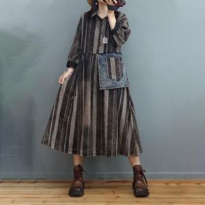 Polo Neck Chunky Striped Dress Denim Flare Denim Plaid Dress