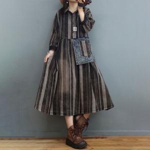 Polo Neck Chunky Striped Dress Denim Flare Denim Plaid Dress