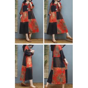 Color Block Cotton Linen Chinese Dress Large Floral Dress