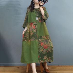 Color Block Cotton Linen Chinese Dress Large Floral Dress