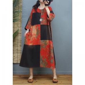 Color Block Cotton Linen Chinese Dress Large Floral Dress