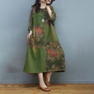 Color Block Cotton Linen Chinese Dress Large Floral Dress