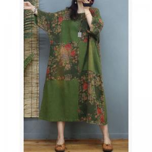 Color Block Cotton Linen Chinese Dress Large Floral Dress