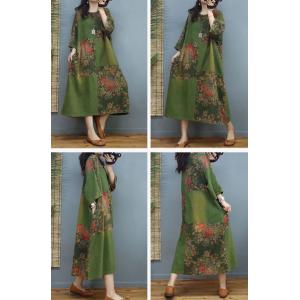 Color Block Cotton Linen Chinese Dress Large Floral Dress