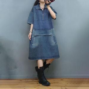 Half Sleeves Polo Neck Jean Dress Front Zip Midi Dress