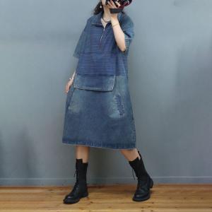 Half Sleeves Polo Neck Jean Dress Front Zip Midi Dress