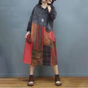 Colorful Patchwork Denim Hooded Dress Cotton Linen Striped Dress