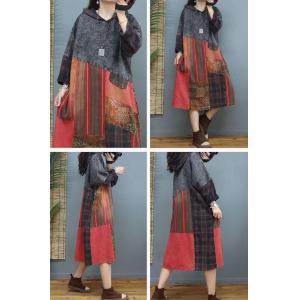 Colorful Patchwork Denim Hooded Dress Cotton Linen Striped Dress