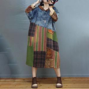 Colorful Patchwork Denim Hooded Dress Cotton Linen Striped Dress