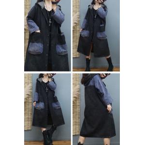 Plaid Pockets Plus Size Denim Coat Single-Breasted Hooded Coat
