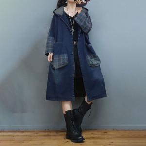 Plaid Pockets Plus Size Denim Coat Single-Breasted Hooded Coat