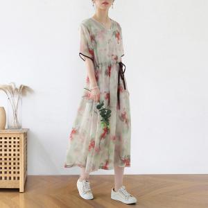 Red Floral Loose Ramie Dress Empire Waist Tied Cruise Wear