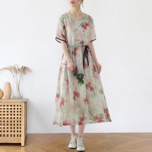 Red Floral Loose Ramie Dress Empire Waist Tied Cruise Wear