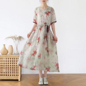 Red Floral Loose Ramie Dress Empire Waist Tied Cruise Wear