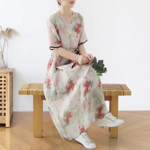 Red Floral Loose Ramie Dress Empire Waist Tied Cruise Wear
