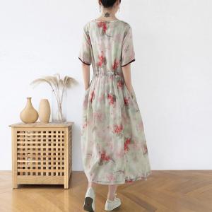 Red Floral Loose Ramie Dress Empire Waist Tied Cruise Wear