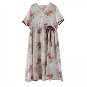 Red Floral Loose Ramie Dress Empire Waist Tied Cruise Wear