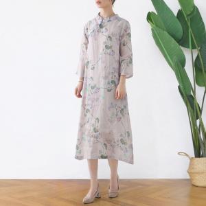 Mandarin Collar Printed Linen Cheongsam  Midi Chinese Qipao