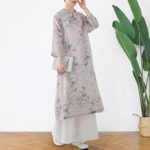 Mandarin Collar Printed Linen Cheongsam  Midi Chinese Qipao