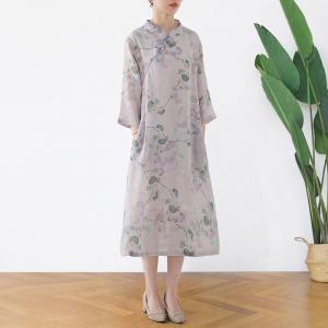 Mandarin Collar Printed Linen Cheongsam  Midi Chinese Qipao