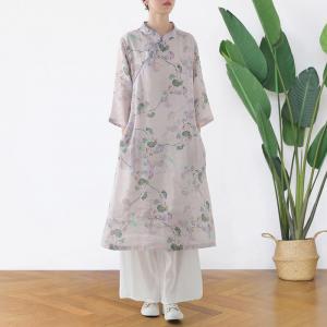 Mandarin Collar Printed Linen Cheongsam  Midi Chinese Qipao