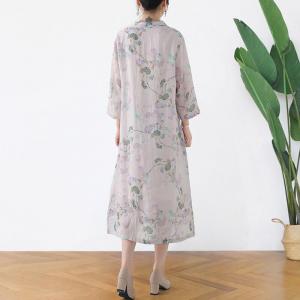 Mandarin Collar Printed Linen Cheongsam  Midi Chinese Qipao