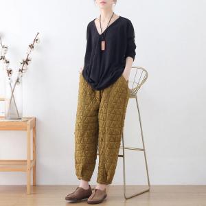 Stereo Rhomboid Quilted Pants Cotton Blend Plain Carrot Pants