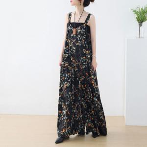 Beach Fashion Black Floral Overalls Wide Leg Long Overalls