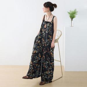 Beach Fashion Black Floral Overalls Wide Leg Long Overalls