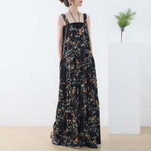 Beach Fashion Black Floral Overalls Wide Leg Long Overalls