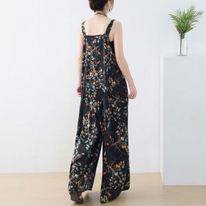 Beach Fashion Black Floral Overalls Wide Leg Long Overalls