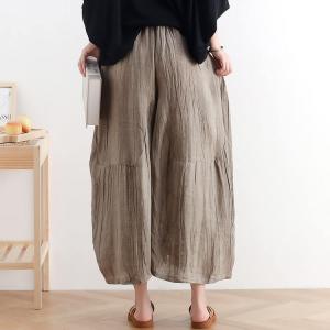 Plaid Pockets Linen Gaucho Pants Flax Wide Leg Pants