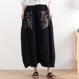 Plaid Pockets Linen Gaucho Pants Flax Wide Leg Pants