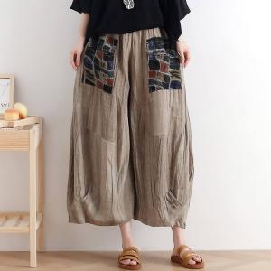 Plaid Pockets Linen Gaucho Pants Flax Wide Leg Pants