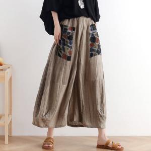 Plaid Pockets Linen Gaucho Pants Flax Wide Leg Pants