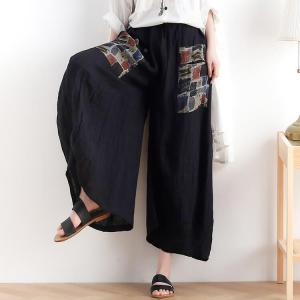 Plaid Pockets Linen Gaucho Pants Flax Wide Leg Pants