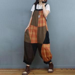 Cotton Linen Backless Overalls Orange Gingham Overalls