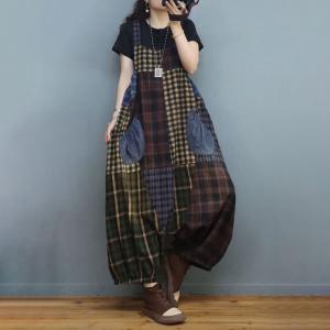 Large Size Balloon Legs Overalls Tartan One-Piece Pants