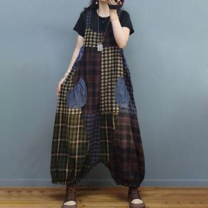 Large Size Balloon Legs Overalls Tartan One-Piece Pants