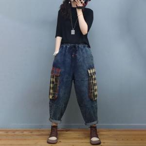 Big Checkered Pockets Denim Pants Stone Wash Baggy Jeans