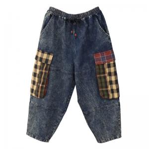 Big Checkered Pockets Denim Pants Stone Wash Baggy Jeans