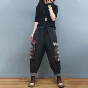 Big Checkered Pockets Denim Pants Stone Wash Baggy Jeans