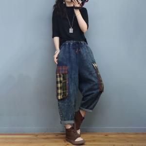 Big Checkered Pockets Denim Pants Stone Wash Baggy Jeans