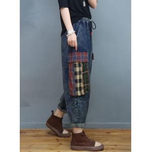 Big Checkered Pockets Denim Pants Stone Wash Baggy Jeans