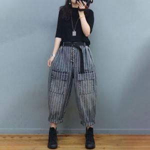 Front Pockets Vertical Striped Pants Womens Cuffed Jeans