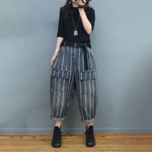 Front Pockets Vertical Striped Pants Womens Cuffed Jeans