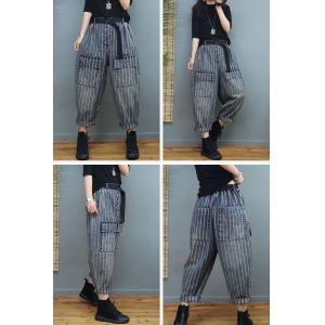 Front Pockets Vertical Striped Pants Womens Cuffed Jeans